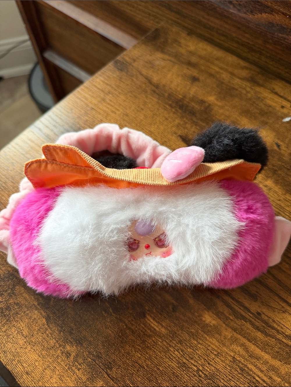 Baby Three Plush Pink & White Fuzzy Eye Mask with Bow